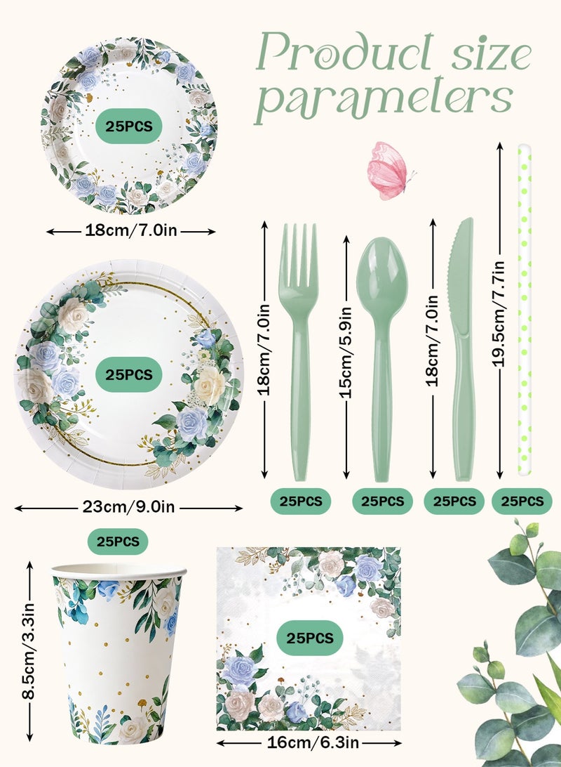 HomarKet 200PCS Disposable Dinnerware Set,25 Guest Party Supplies Dinner Set Include Paper Plates Napkin Cup Straw Plastic Spoon Fork Knive for Baby Shower,Wedding,Birthday (Elegant leaves&Flowers) - Image 2